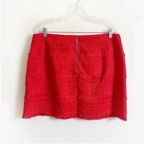J. Crew Factory mini skirt red fringe lace geometric zipper tiered - Picture 7 of 7